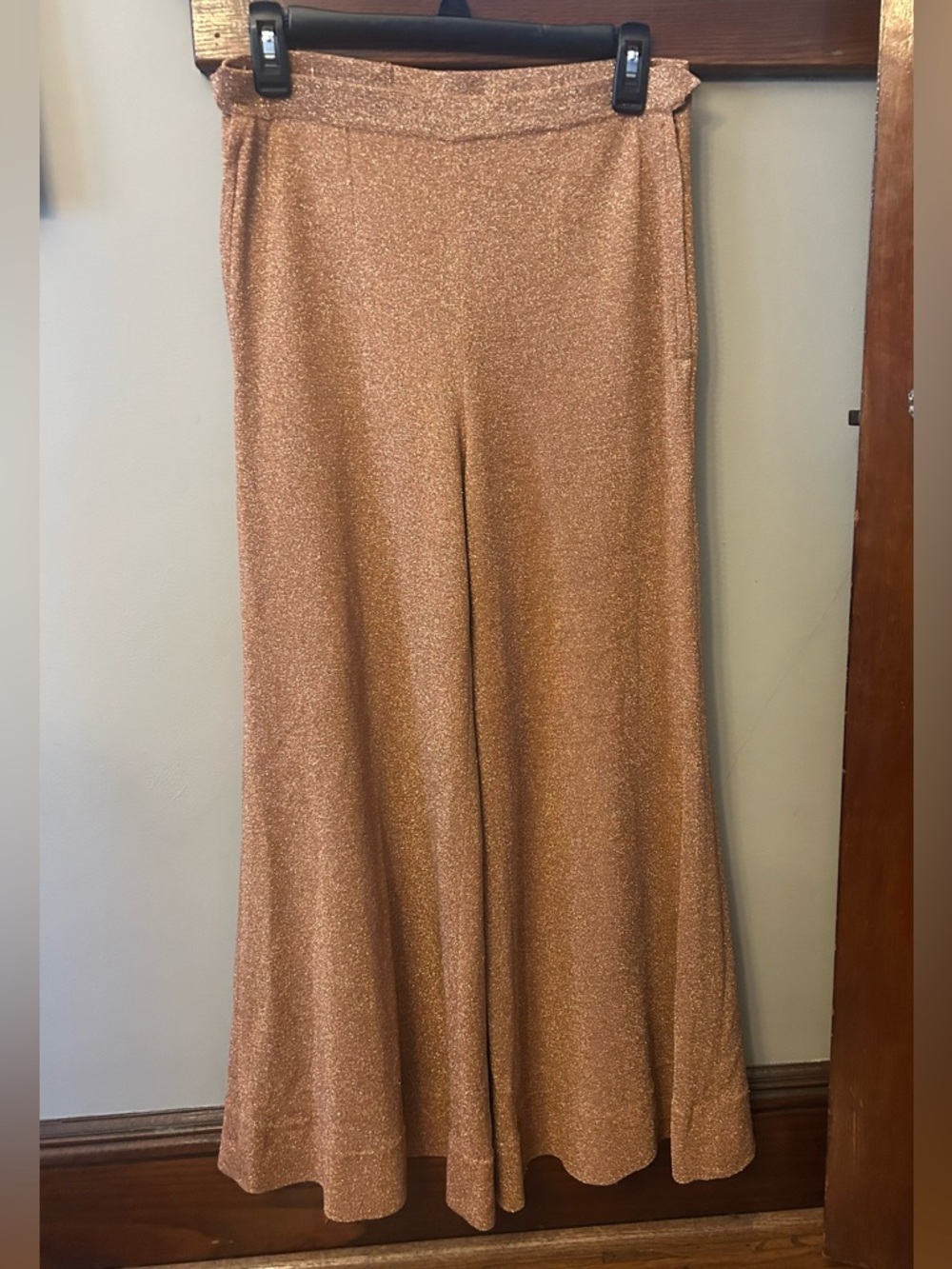 Vintage 70s Gino Paoli Rose Gold Metallic Knit Wide Leg Pants Mod Size 12 Small
